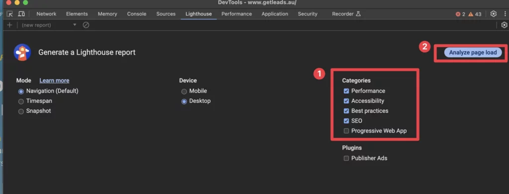 Choose the categories you want to audit and select analyze page